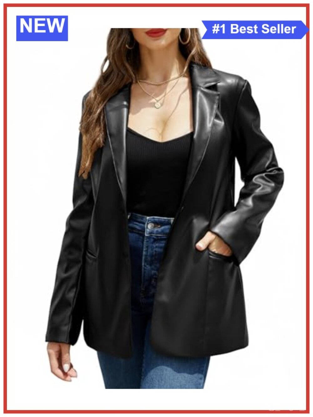 Faux Leather Blazer Jacket Soft PU Coat Single Breasted